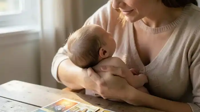 Расклад Таро «Зеркало души» на кормление грудью – изображение мамы с ребёнком и картами Таро