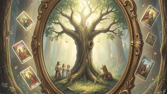Расклад Таро «зеркало души» – изображение зеркала с семейным деревом и картами Таро