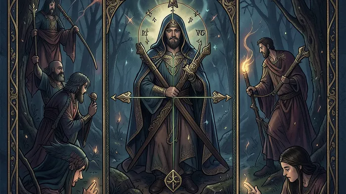 Расклад Таро Зодиакальный на команду — карты, разложенные кругом по знакам зодиака на тёмном фоне