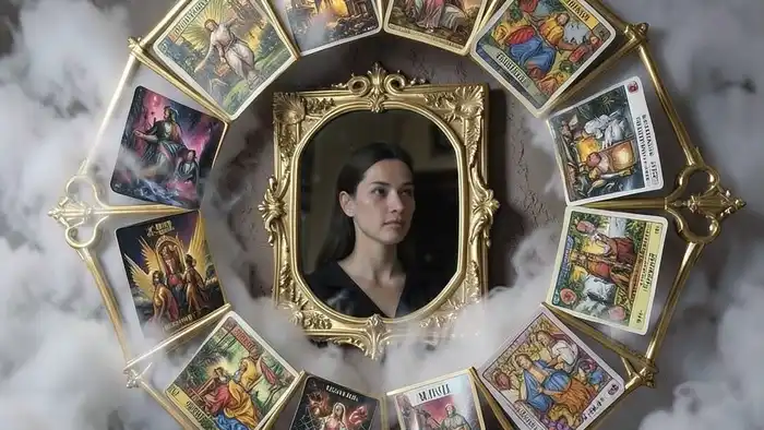 Расклад Таро "зодиакальный" на привязанность: зодиакальный круг с картами Таро и зеркало