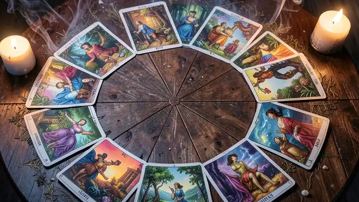 Расклад Таро "зодиакальный" на снятие негатива: 12 карт, соответствующих знакам зодиака, в круговой схеме