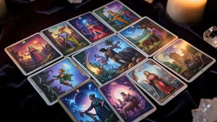 Расклад Таро "зодиакальный" на взаимность чувств — 12 позиций, соответствующих знакам зодиака, с картами Таро и астрологическими символами