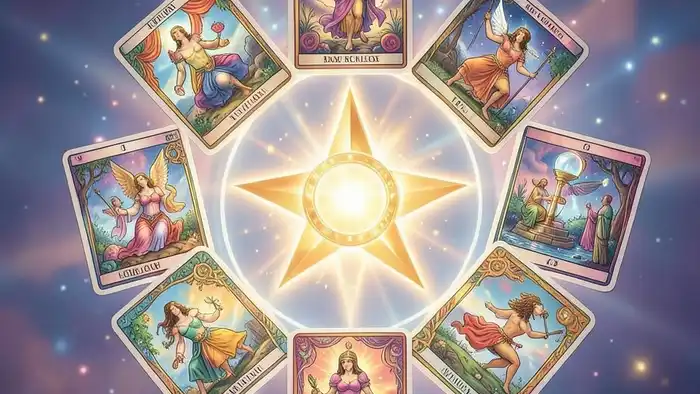 Расклад Таро "звезда Давида" на амулет – изображение звезды из карт вокруг светящегося амулета