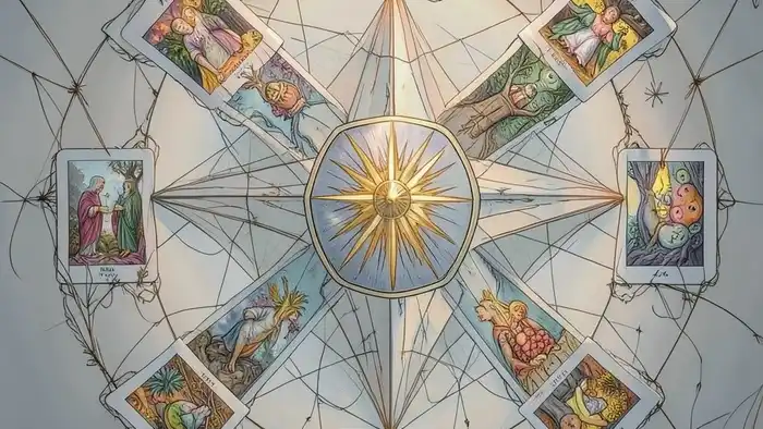 Расклад Таро "звезда" на бедность — семиконечная схема с картами, показывающая архетипы психики