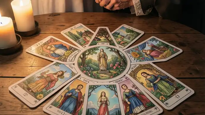 Расклад Таро «звезда» на гражданский брак – карта звезды в центре, окружённая другими картами