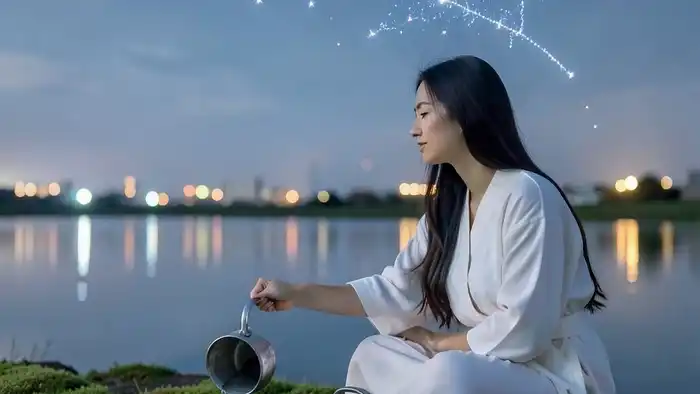 Расклад Таро "звезда" на интроверсию: женщина у источника, символизирующая баланс между внутренним и внешним