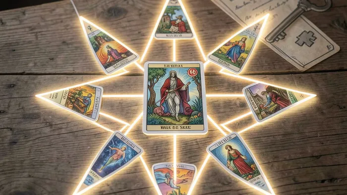 Расклад Таро Звезда на продажу квартиры: схема из семи карт, выложенных в форме звезды на столе.