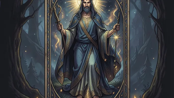 Расклад Таро Звезда на брак - семь карт в форме звезды на деревянном столе, центральная карта Влюблённые