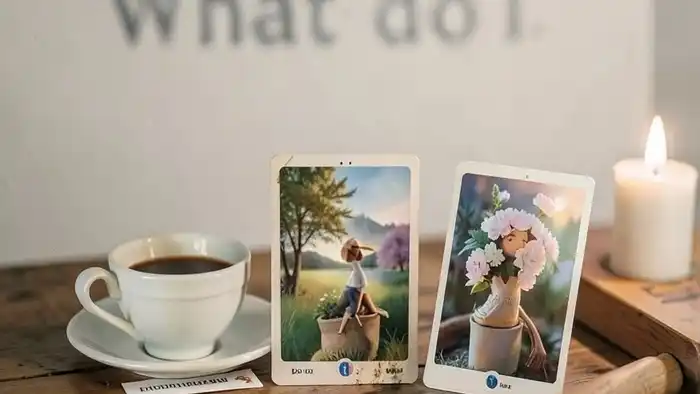 расклады из instagram — три карты таро на деревянном столе с свечой и кофе