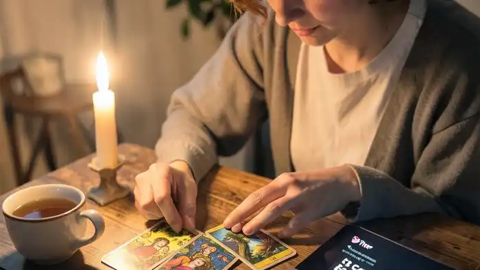 расклады из TikTok — три карты таро в тёплом свете с ноутбуком и чаем