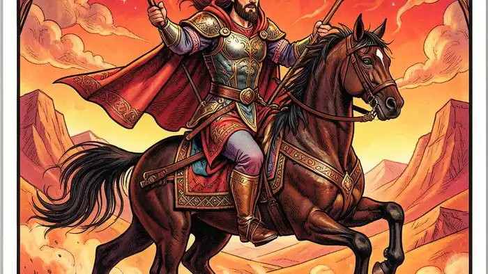 Рыцарь Жезлов — карта Таро с ярким пламем и динамичной лошадью