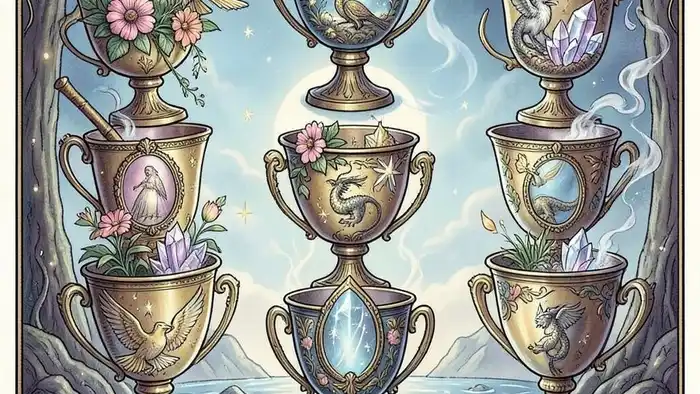 Семерка Кубков — иллюстрация карты Таро с семью чашами и символами