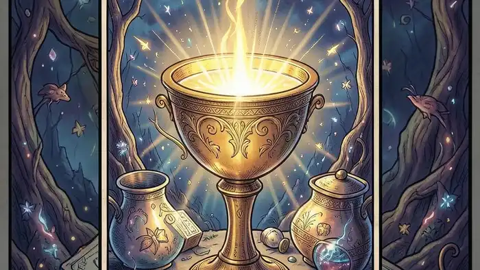 Семерка Кубков на деньги таро — карта с золотым кубком и символами финансовых возможностей