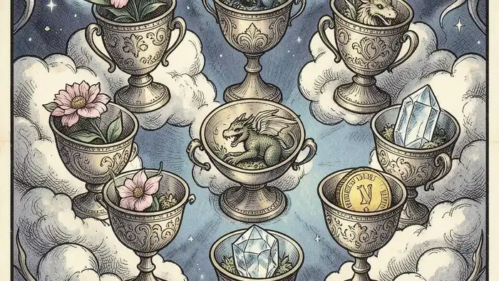 Семерка Кубков изображение карты таро с символическими чашами