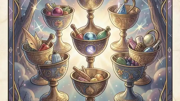 Семерка Кубков Таро — иллюстрация карты с семью чашами и символами