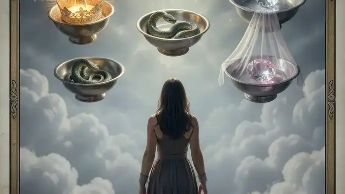 Семерка Кубков Таро — детальное изображение карты с семью чашами и символизмом выбора и иллюзий