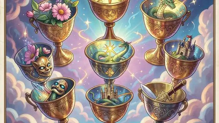 Семерка Кубков – иллюстрация карты Таро с семью чашами и символами