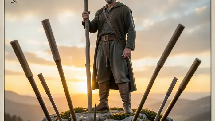 Семерка Жезлов Таро — человек стоит на возвышении, защищая свою позицию с посохом в руках