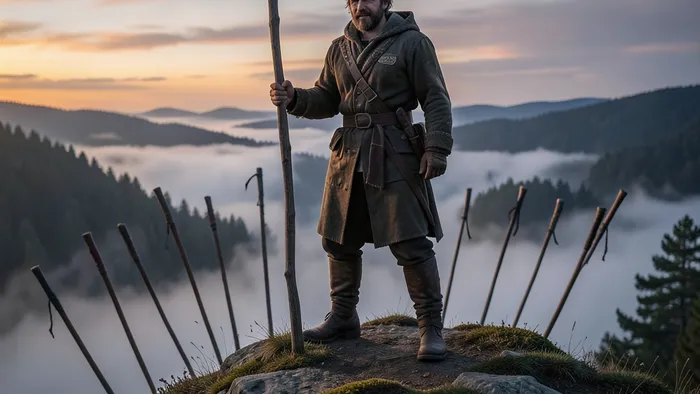 Семерка Жезлов Таро — человек защищает свою позицию на холме, держа жезл, в символической сцене отстаивания принципов.