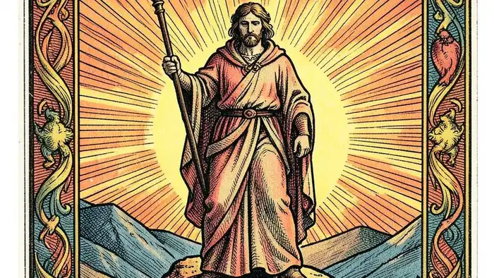 Семерка Жезлов изображение карты Таро с фигурой на вершине и жезлом