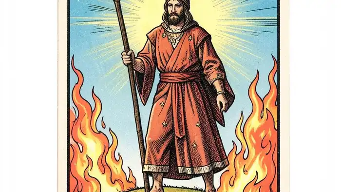 Семерка Жезлов — изображение карты Таро в классическом стиле