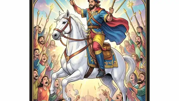 Шестерка Жезлов на деньги таро – изображение победного всадника с золотыми же��лами