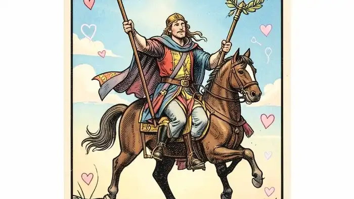 Шестерка Жезлов на любовь таро — изображение победного всадника с венком и романтическими символами