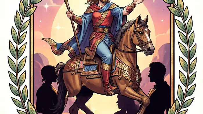 Шестерка Жезлов на любовь Таро иллюстрация победы в отношениях