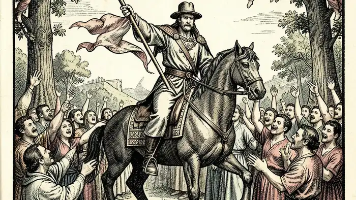 Шестерка Жезлов Таро изображение победного всадника с жезлом и лентой