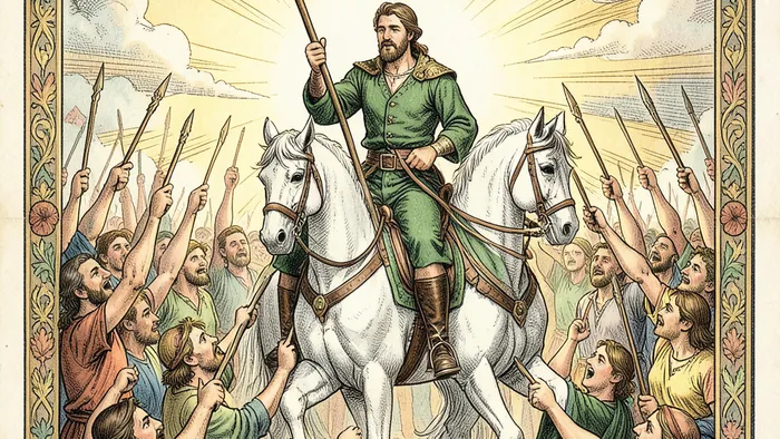 Шестерка Жезлов Таро — иллюстрация карты с всадником-победителем и ликующими людьми