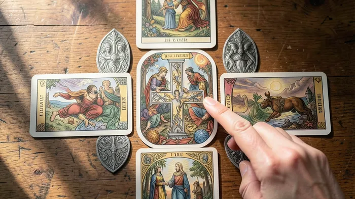 Сложные расклады Таро - Кельтский крест, выложенный на столе из карт колоды Уэйта