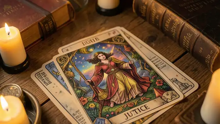 Справедливость действия таро — изображение расклада с картой Справедливости