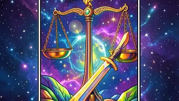 Справедливость карта года таро – изображение весов и меча в космическом стиле