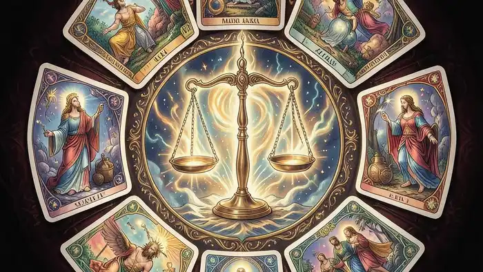 Справедливость мысли таро – иллюстрация карт Старших Арканов с весами справедливости