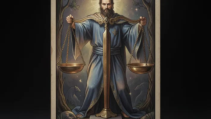 Справедливость Таро — детальное изображение карты с весами и мечом, символизирующее баланс и закон