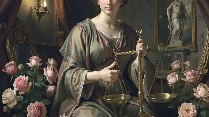 Справедливость таро на любовь — женская фигура с весами, символизирующая внутренний баланс в отношениях