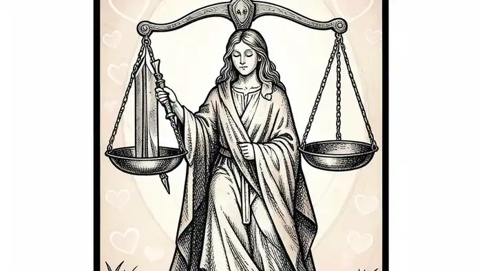 Справедливость таро на любовь — изображение карты с весами и сердцами