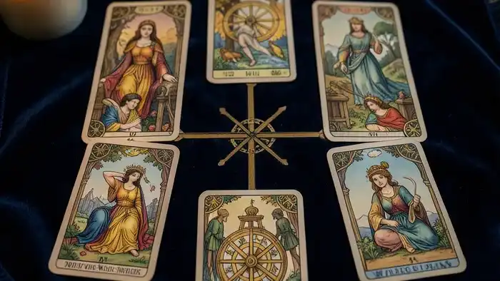 ткань для расклада Таро с разложенным Кельтским Крестом на тёмно-синем бархате при свечах