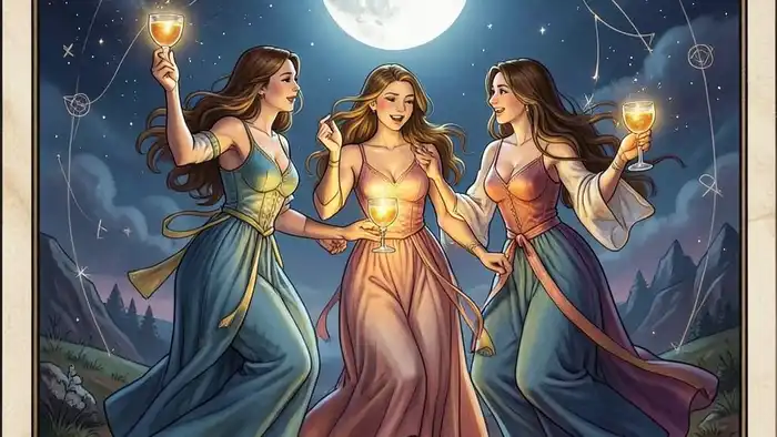 Тройка Кубков изображение карты Таро с тремя женщинами и светящимися кубками