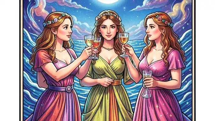 Тройка Кубков Таро иллюстрация с тостующими женщинами
