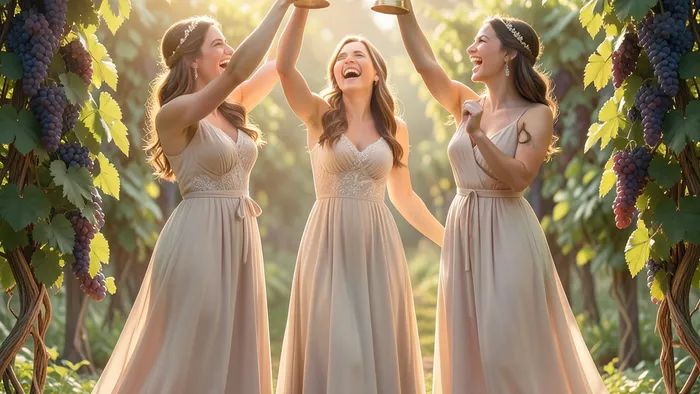 Тройка Кубков Таро: три женщины празднуют с кубками в саду, символ радости и единения