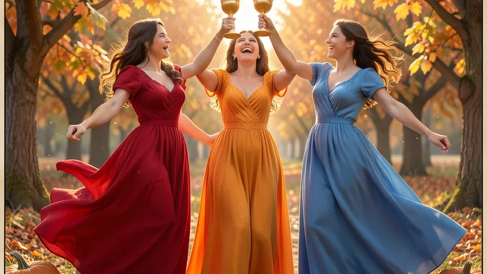 Тройка Кубков Таро: три женщины с кубками празднуют урожай в осеннем саду, символизируя радость, дружбу и успех.