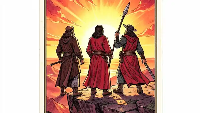 Тройка Жезлов изображение карты Таро, символизирующее амбицию и прогресс