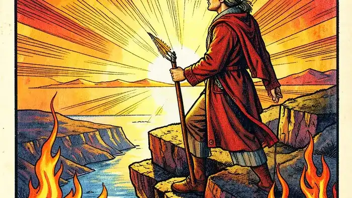 Тройка Жезлов карта дня таро — изображение карты с фигурой на скале и жезлом