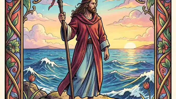 Тройка Жезлов карта таро иллюстрация