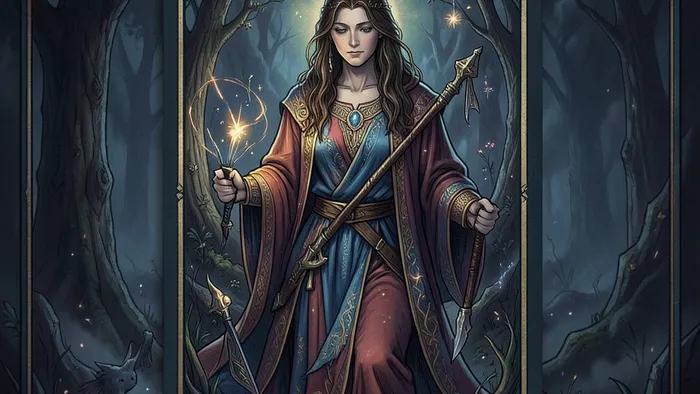 Тройка Жезлов Таро — человек с посохами на утёсе смотрит на корабли в море, символ ожидания и планирования