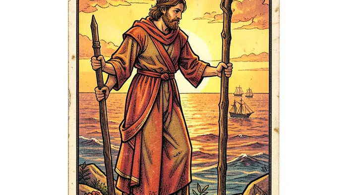 Тройка Жезлов Таро: человек смотрит на корабли в море, опираясь на жезл, символ планирования и ожидания результатов.