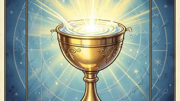 Туз Кубков чувства таро – изображение золотого кубка, излучающего свет и воду