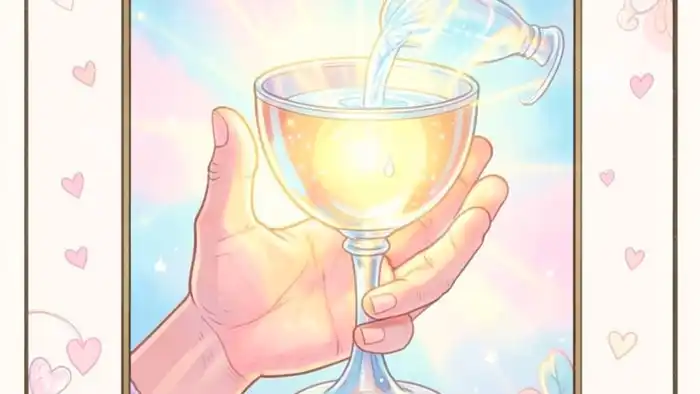 Туз Кубков на любовь таро — изображение карты с чашей и светлой водой