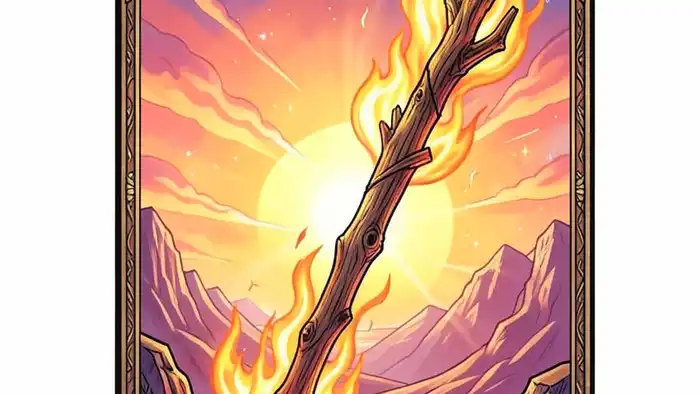 Туз Жезлов карта дня таро — яркая иллюстрация с огнём и рассветом